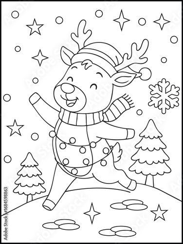 Christmas Reindeer in Scarf and Hat with Snowflakes Coloring Page for kids and adults. Illustration of cute cartoon characters.