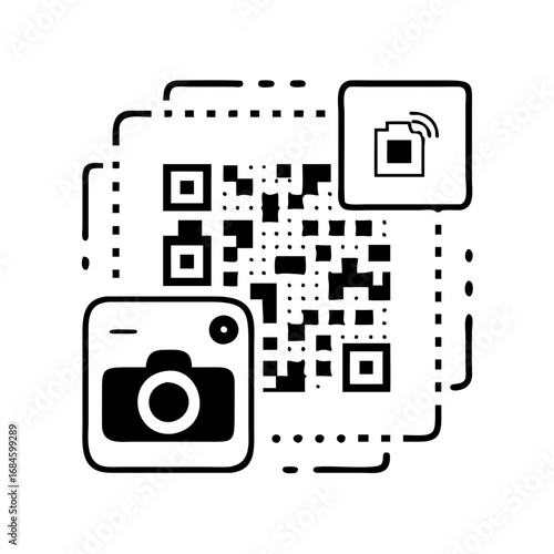 Qr code with camera and wifi icons, surrounded by dashed lines icon