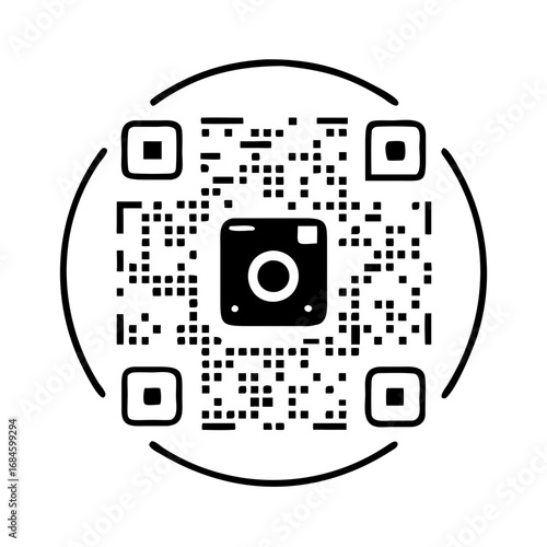 Black and white qr code with camera icon inside a circle icon
