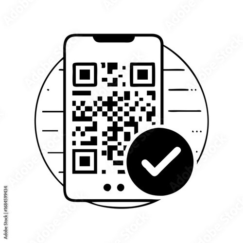 Smartphone with qr code and a checkmark symbol icon