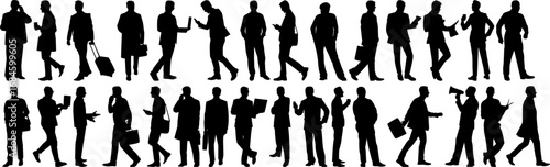 business people standing silhouettes, walking, talking, working using laptop and mobile. 