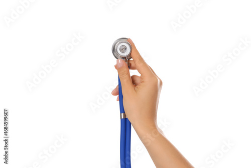 Hand gripping a stethoscope for assessment, isolated on white, PNG