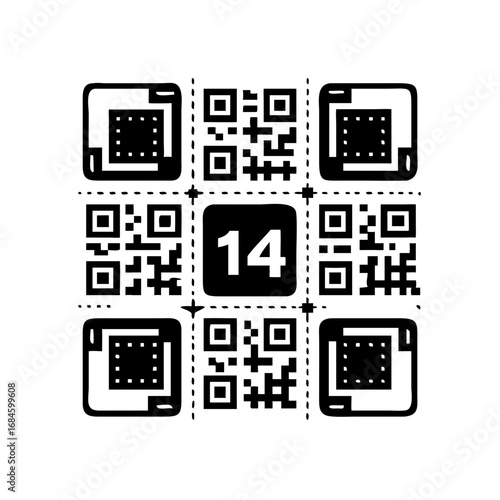 Nine qr codes arranged in a grid with the number 14 in the center icon