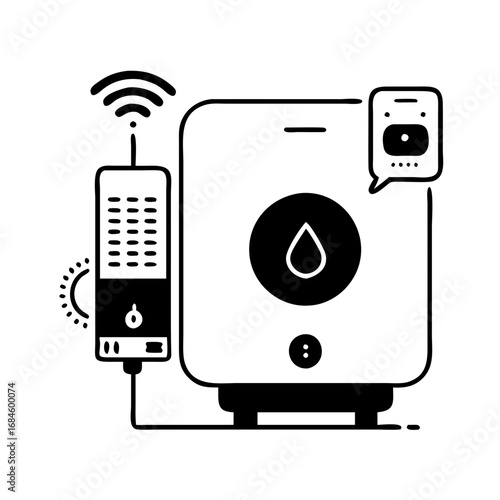 Smart home device with water drop icon and wifi signal, connected to a remote control icon
