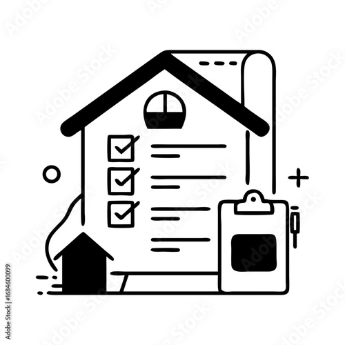 Checklist with house icon and clipboard, representing home inspection or real estate process icon