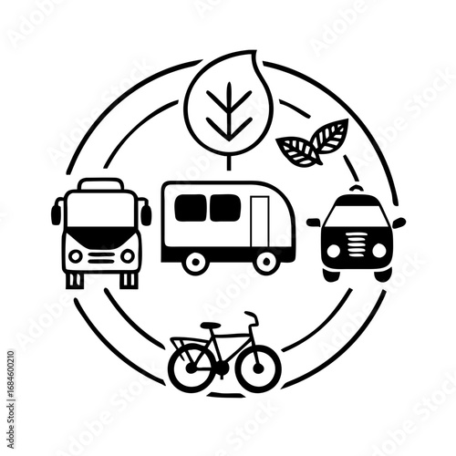Circular icon showcasing various ecofriendly transportation modes bus, car, and bicycle with leaves icon