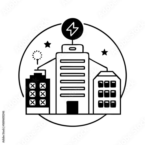 Skyscrapers with electricity symbol and city elements icon
