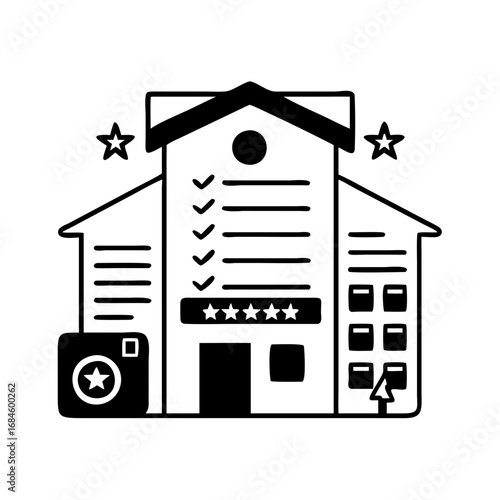 Building with camera and stars, representing hotel rating and photography services icon