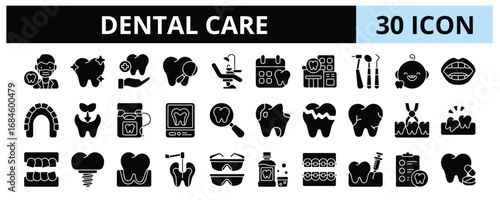 30 Dental Care Glyph Icons Vector - Dental Clinic, Dentist Tool, Mouth, Maxilla, Dental Floss, Broken Tooth, Mouthwash 