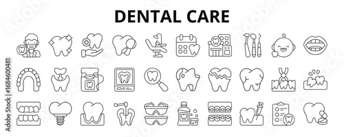 30 Dental Care Line Icons Vector - Dental Clinic, Dentist Tool, Mouth, Maxilla, Dental Floss, Broken Tooth, Mouthwash 