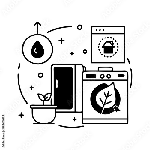 Eco friendly laundry and home appliance concept with water drop and plant icon