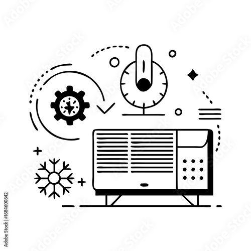 Air conditioner icon with snowflake, gear, and timer symbols icon