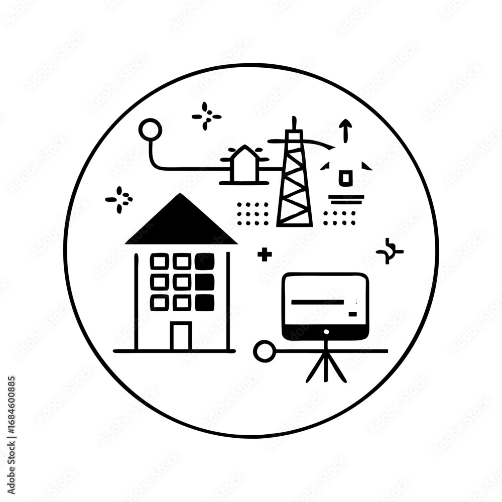 Naklejka premium Smart grid technology connecting homes, power lines, and a presentation screen icon