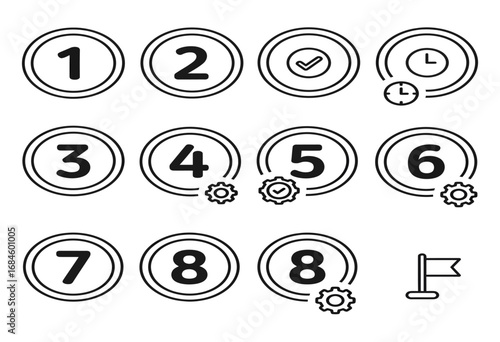 Vector icon set illustrating a sequential step-by-step process with numbered stages, progress indicators, and a final goal flag for infographics