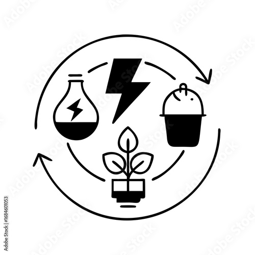 Plant in pot with lightning bolt and flask, representing bioenergy and sustainable agriculture icon
