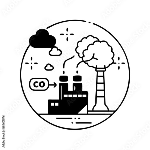 Factory emitting co2 into the atmosphere, with a brainshaped cloud symbolizing the impact of pollution on intelligence icon