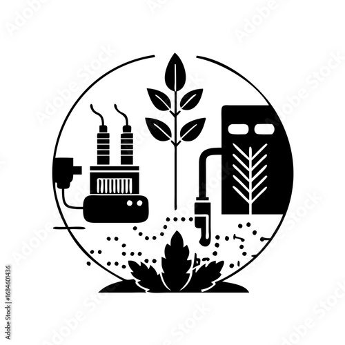 Agricultural technology with irrigation system, plant, and processing equipment, for modern farming icon