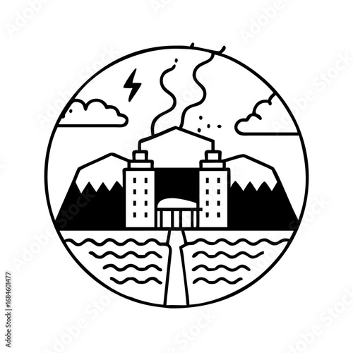 Geothermal energy production with steam, lightning, and mountains in a circular frame icon
