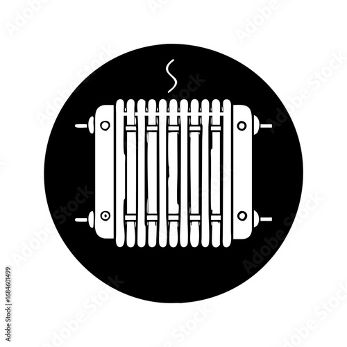 Radiator with steam, black circle background, heating element icon