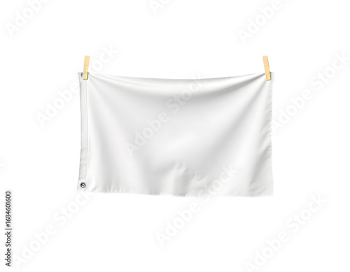 White banner mockup hanging with clothespins, blank cloth, empty sign.