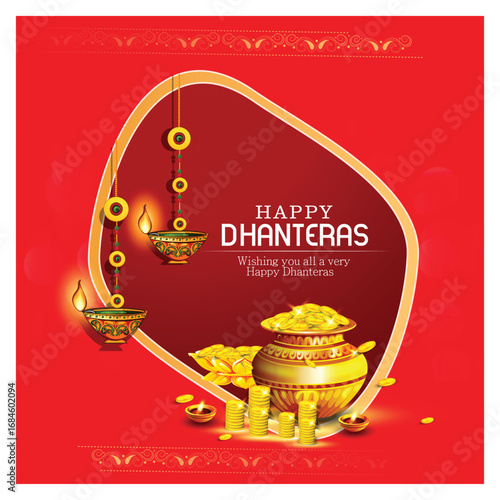 innovative abstract, banner or poster for Dhanteras with Goddess Maa Lakshmi / with Gold coin in pot for Indian dhanteras and diwali festival celebration