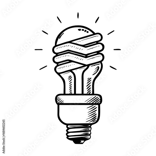 Hand drawn sketch of a fluorescent light bulb with radiating lines icon