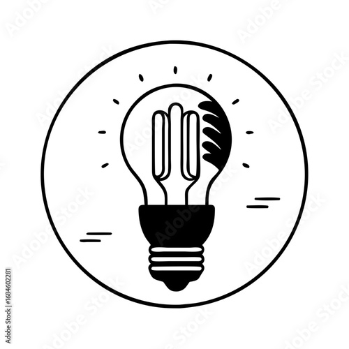 Black and white circular icon of a fluorescent light bulb with radiating lines icon
