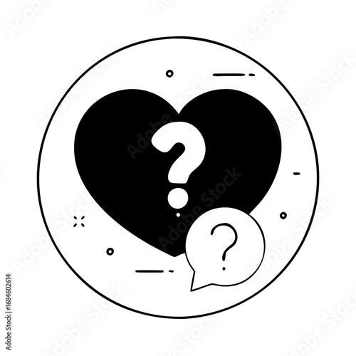 Black heart with a question mark inside a circle icon