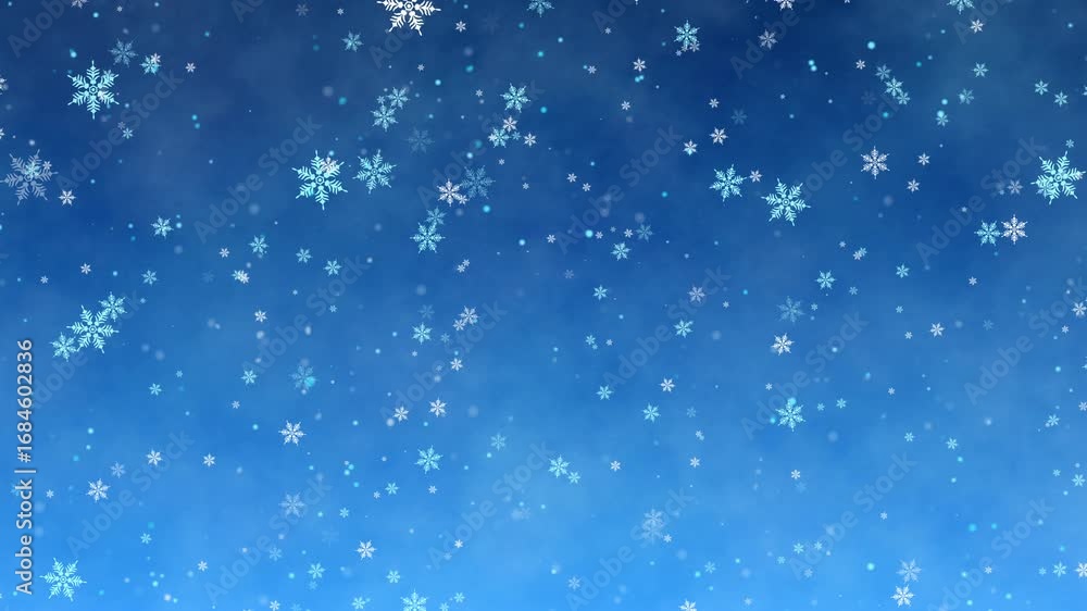 Animated snowfall with crystalline snowflakes drifting against deep blue sky background, xmas winter wonderland Animated snowfall with crystalline snowflakes drifting against deep blue sky background, xmas winter wonderland