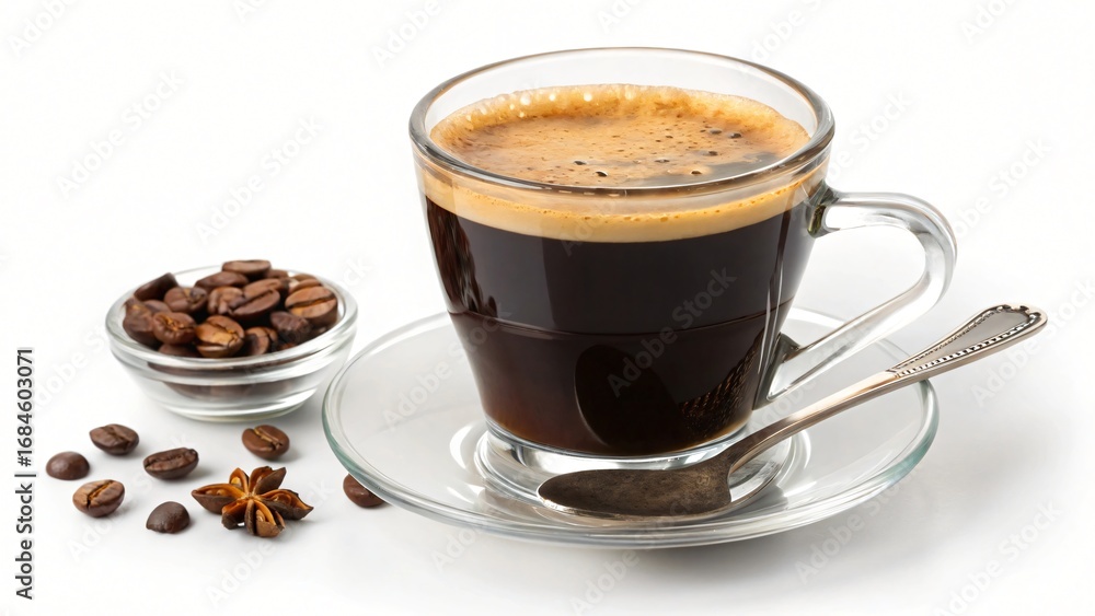 Fototapeta premium Aromatic Espresso Coffee in Glass Cup with Beans and Star Anise