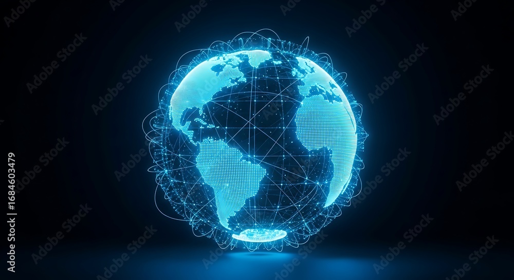 Fototapeta premium Global network connections illuminate a digital world map, vibrant futuristic technology concept
