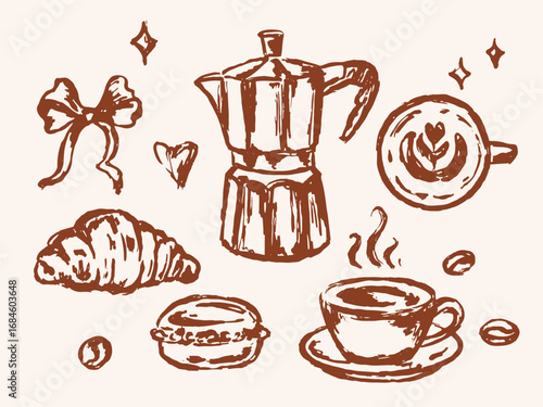 Hand-drawn vector set in analog traces style including coffee cup, moka pot, latte art, croissant, macaron, coffee beans, and decorative elements for cafe design, posters, and packaging