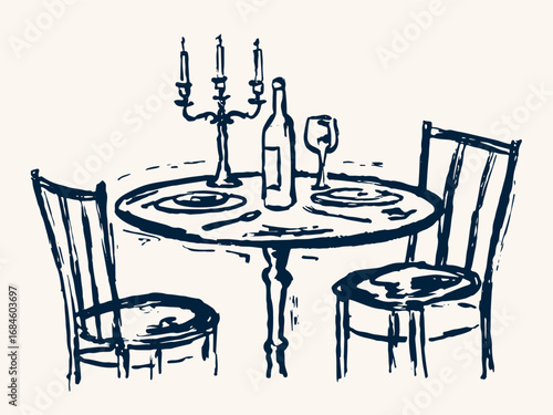 Hand-drawn vector illustration in analog traces style showing a dinner table with chairs, wine, plates, table setting, and a candle holder with sketchy textures for a cozy, elegant dinner