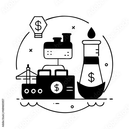 Oil tanker and laboratory flask with dollar signs and oil drop, concept of oil industry finance icon
