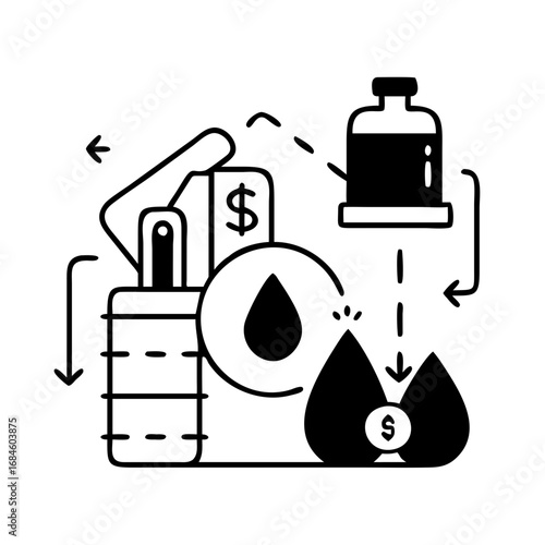 Oil production and consumption cycle with dollar sign, representing oil market dynamics icon