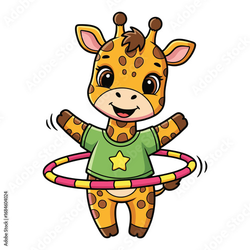 Cute cartoon baby giraffe playing with a hula hoop, wearing a green t-shirt with a star, isolated on a white background.