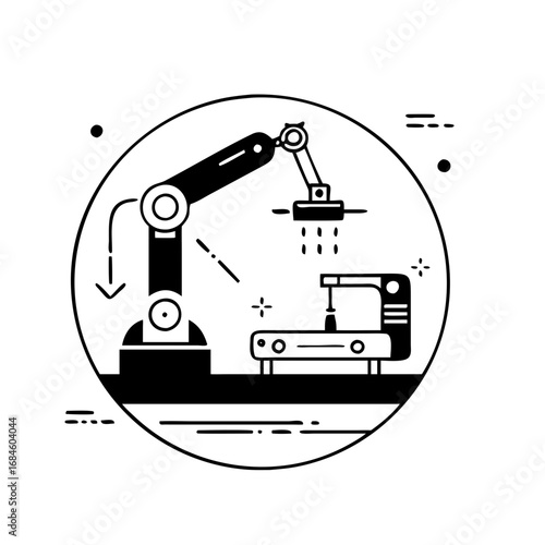 Industrial robot arm working on a conveyor belt in a factory, modern automation concept icon