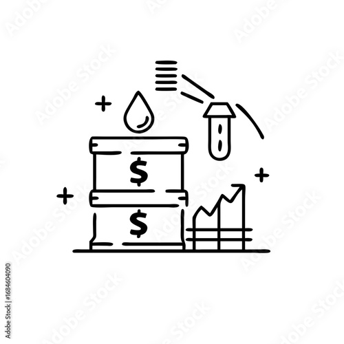 Oil barrel with dollar signs and rising graph, symbolizing oil market economy icon