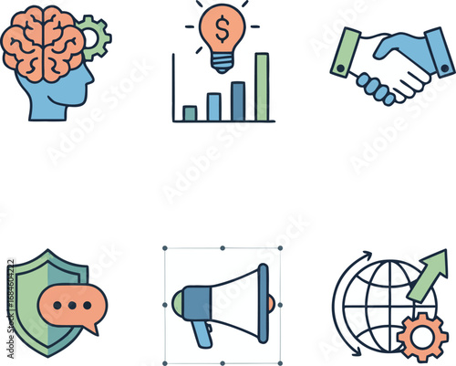 Brainstorming ideas, growth charts, handshakes, security, marketing, and global strategy icons