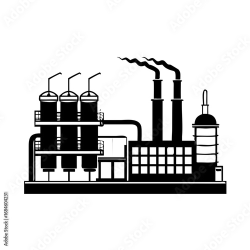 Industrial factory with smokestacks emitting smoke and processing tanks icon