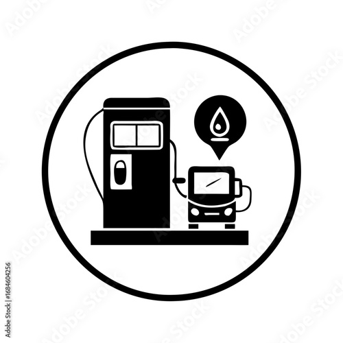 Black and white icon of a fuel pump with a car and a drop of fuel symbol icon