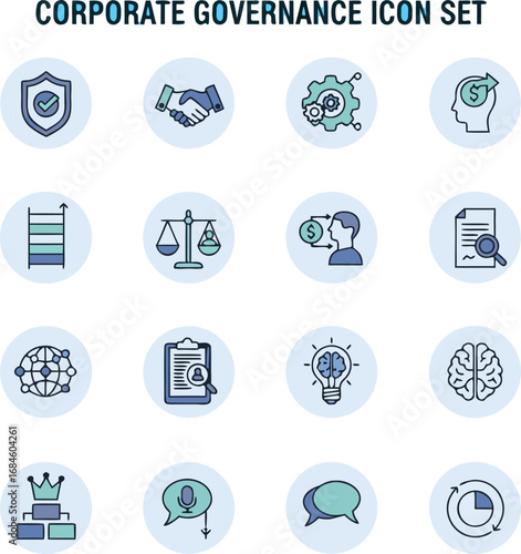 Modern corporate governance icon set symbolizing trust, strategy, and innovation for business success
