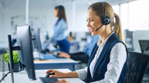 Smiling Customer Service Rep with Headset Working in Modern Office Environment.