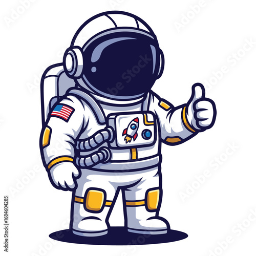 A friendly cartoon astronaut in a white spacesuit with an American flag and rocket patch gives a thumbs-up gesture.
