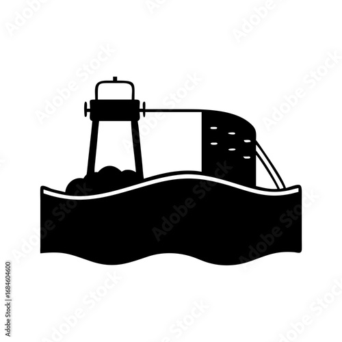 Oil rig on water with a spill and a pipe icon