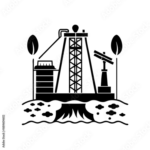 Industrial oil rig with derricks and drilling equipment on a platform icon