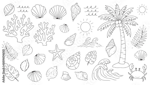 Cute smiling sea animals doodle illustrations set for children. Vector nautical colorless drawings for coloring book