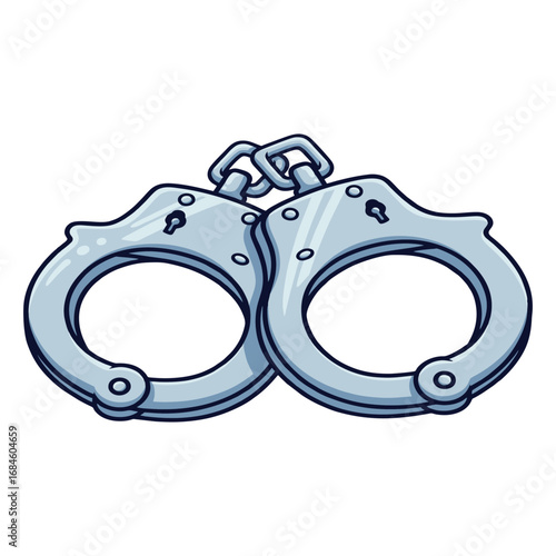 A cartoon illustration of a pair of shiny silver metal handcuffs linked together.