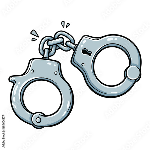 Cartoon illustration of a pair of shiny silver metal handcuffs with a chain link, slightly open, against a white background.