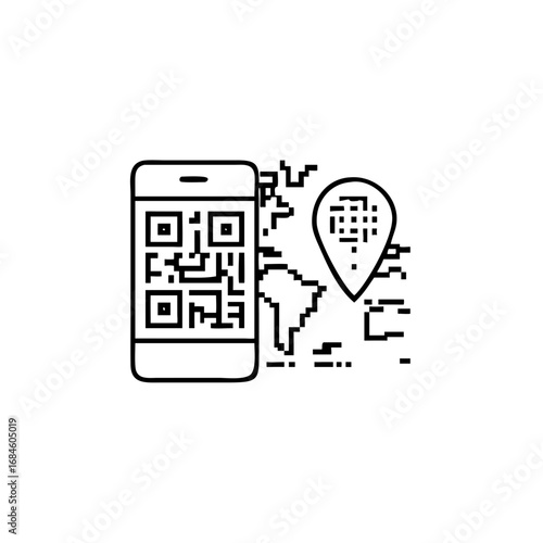 Smartphone with qr code and location pin on world map icon